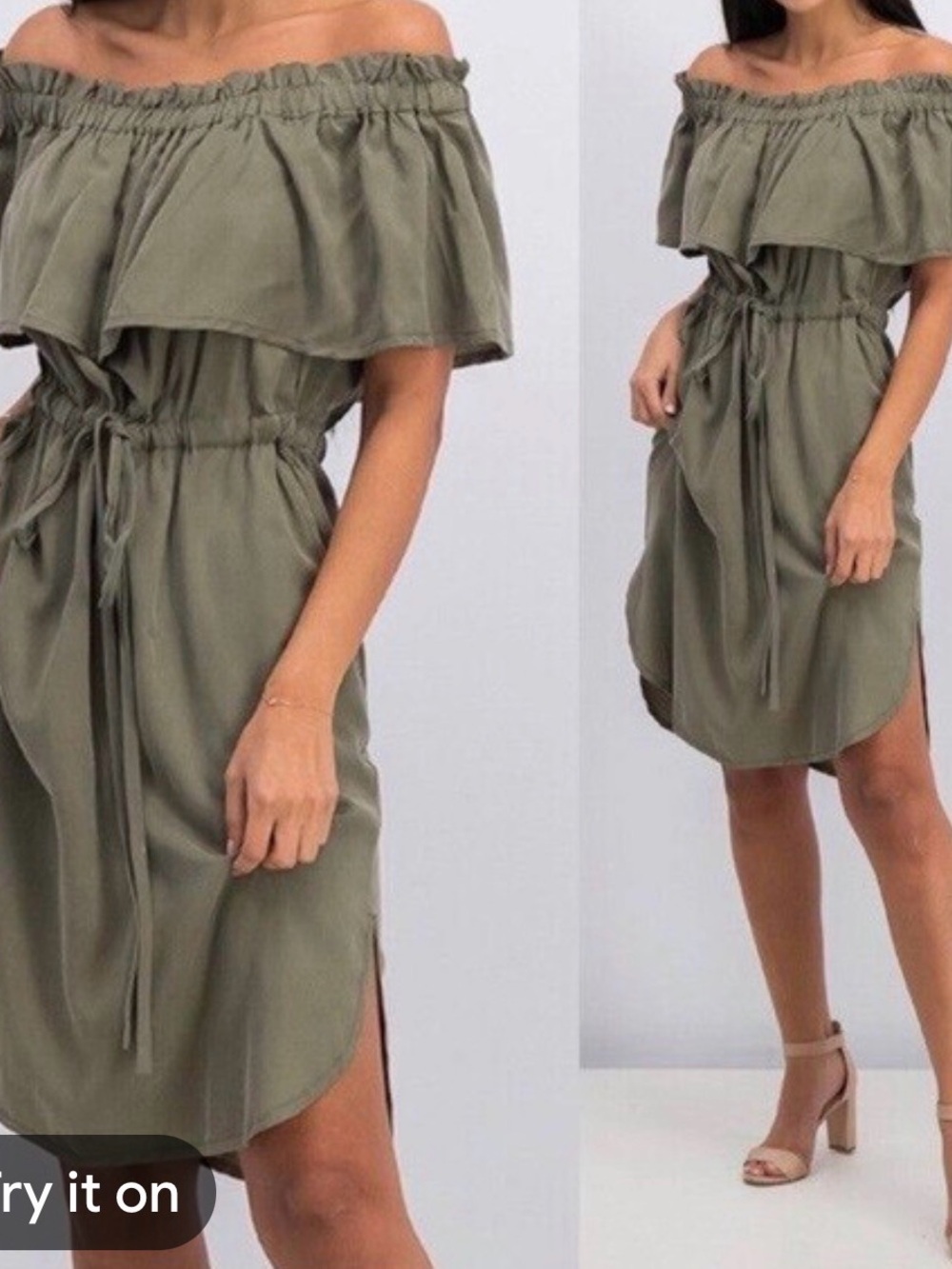 BCBGMaxAzria Olive Green Off-Shoulder Evangeline Ruffle Dress  D5
